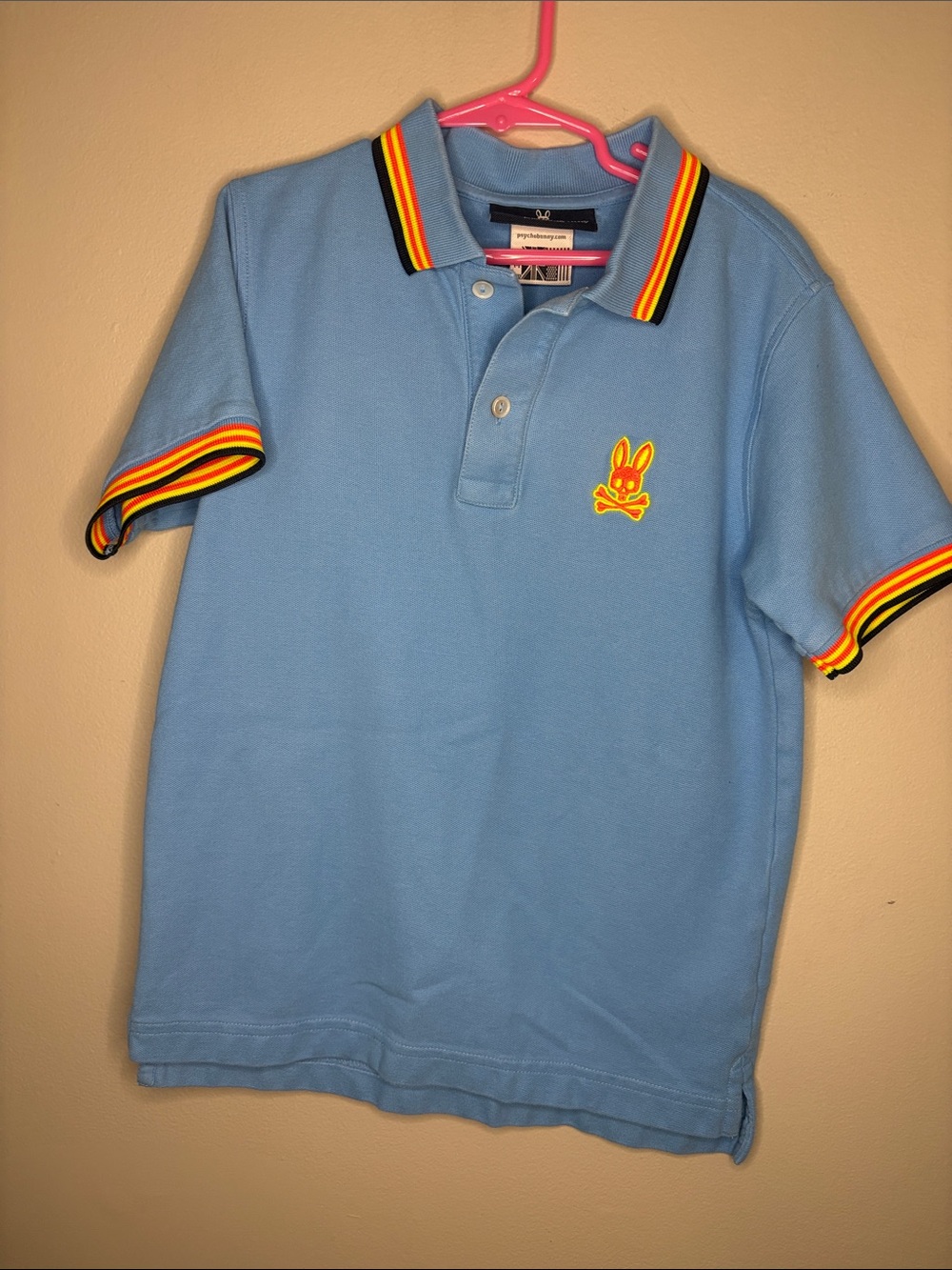 Psycho Bunny Light Blue Polo with Rainbow Trim Accents